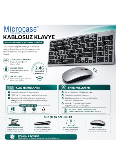 Microcase Bluetooth Ve 2.4g Şarj Edilebilir İnce Tasarım Kablosuz Klavye Mouse Seti + Silikon Klavye Koruması Al5724 Optik