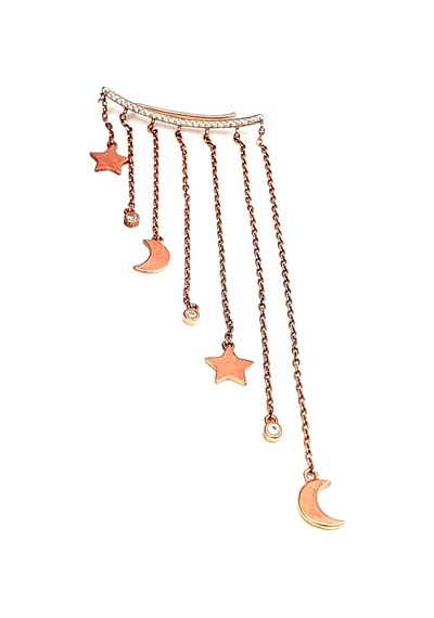 Ay Yıldız Figürlü Gümüş Rose Earcuff Tek Küpe