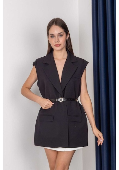 Rawea Kemerli Şal Yaka Blazer Yelek - Oversize & Pamuklu Siyah