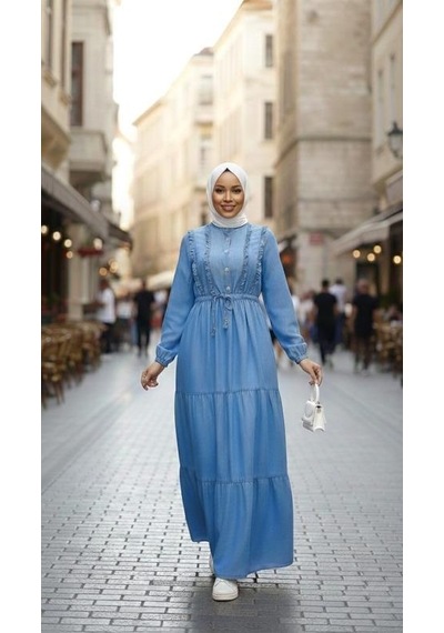 Hb Harma Time Butik Kadın Fırfır Detaylı Düğmeli Açık Kot Mavi Elbise Açık Mavi
