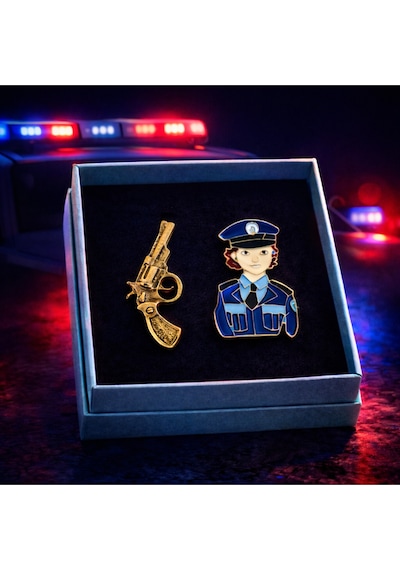 Polis Temalı Broş Seti Kadın Polis Figürlü & Gold Tabanca Detaylı Özel Hediye Kutulu Renkli