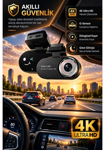 4k Yapay Zekâ Destekli Ön Arka Araç Kamerası + 24 Saat Park Kayıt Kiti Hediye, Wifi, Gece Görüşü-15117