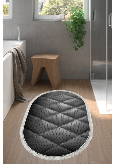 Kaymaz Dijital Mutfak & Salon Halı Trend Saçaklı Oval Geometrik E5013 Siyah