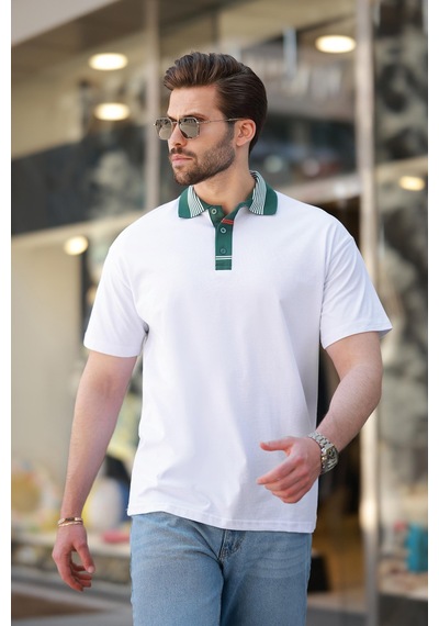 Madmext Beyaz Polo Yaka Erkek T-shirt E7147 Beyaz