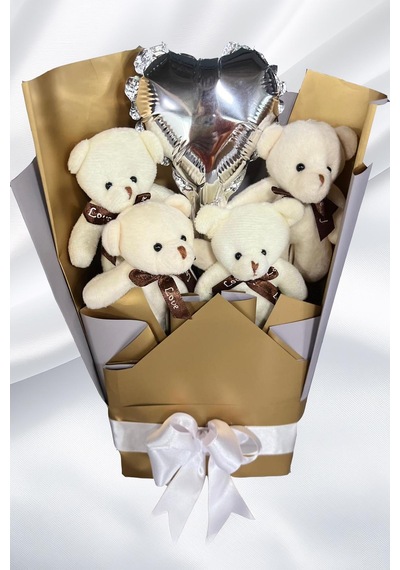 Sole Sevgiliye Özel Dore-gümüş Konsept Balonlu Romantik Peluş Ayıcık Buketi