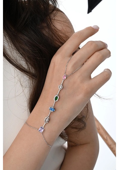 Gümüş Rodyumlu Asimetrik Kesim Renkli Zirkon Taşlı Şahmeran Barcode Beyaz - Rose Gold