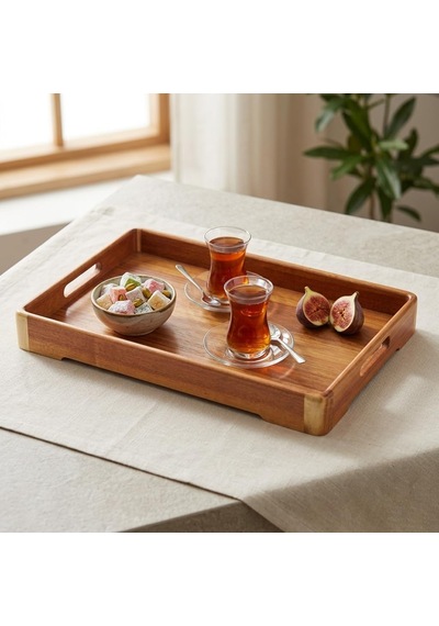 Büyük Boy Akasya Ahşap Sunum Tepsisi 40x28 Cm - Doğal Ahşap Çay, Kahve Ve Kahvaltı Tepsisi, Kulplu Tasarım
