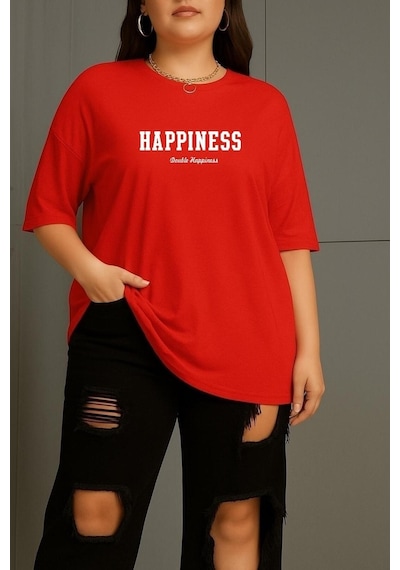Büyük Beden Happıness Baskılı Unisex Tişört Kırmızı