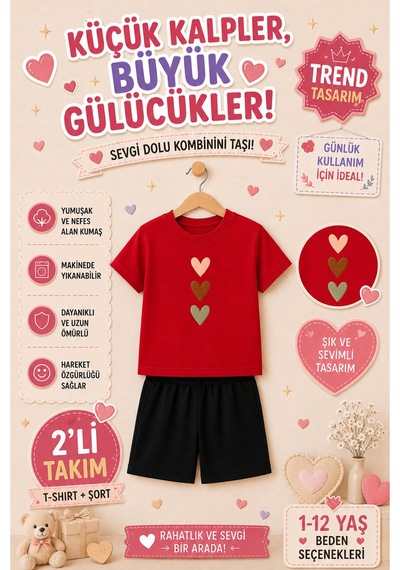 Overmax Sevimli Kalpler Baskılı Çocuk Takım Tişört & Şort 2 Li Kombin 1-12 Yaş Trend Yazlık Takım Kırmızı - 882765983 Kırmızı