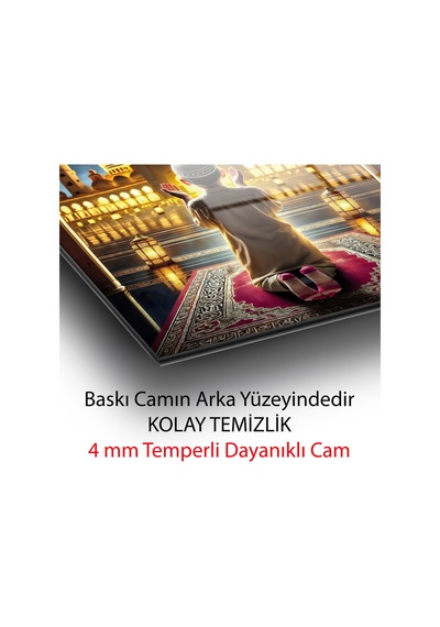 Hilal Ve Yıldız Altında Namaz Kılan Çocuk Figürlü İslami Cam Tablo İslami Motifli Dekoratif Duvar Tablosu, Salon Ve İbadet Alanı Dekoru,