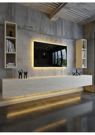 Resital Ledli Duvara Monte Tv Sehpası - Traverten - W6007-8 Traverten