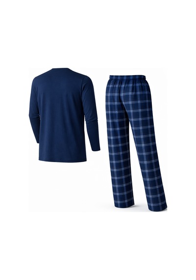Mutlu City Erkek Mevsimlik Uzun Kollu 3 Düğmeli Ekose Alt Pijama Takımı 16652 İndigo