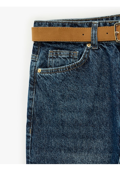 Koton Kemerli Yüksek Bel Dar Kalıp Düz Paça Pamuklu Denim Pantolon - Mom Slim Jean Koyu İndigo 7wal40095md