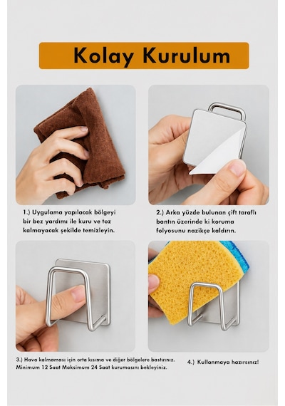 Mainshop 4 Adet Bulaşık Süngeri Tutacağı Paslanmaz Çelik Yapışkanlı Sünger Tutucu Çok Amaçlı Askı M-sng1 Gümüş