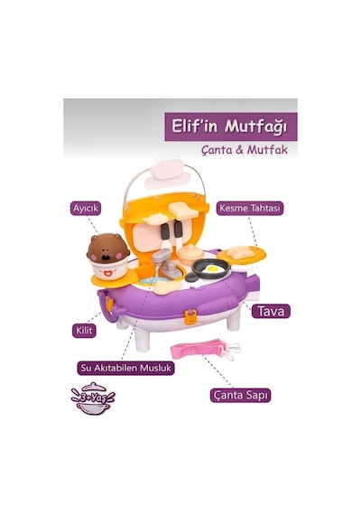 Elif İn Mutfağı 22 Parça Taşınabilir Çantalı Mutfak Seti Su Akıtan Musluklu Eğitici Oyuncak