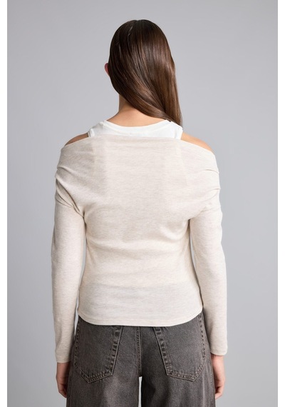 Defacto %100 Pamuk Slim Fit Tek Omuzlu Drape Detaylı Ribana Uzun Kollu Basic Tişört I2636ax26aubg354 Bej-bg354