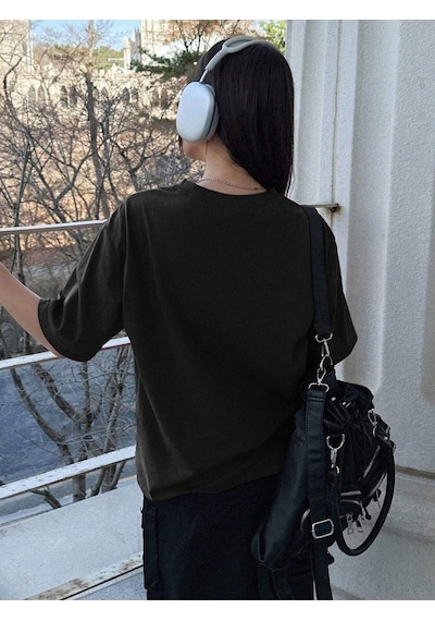Unisex Siyah Oversize Vacation Baskılı Örme T-shirt Siyah