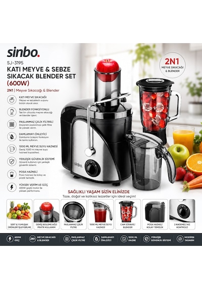 Sinbo Sj-3195 Katı Meyve Ve Sebze Sıkacak Blender Set 600w 1000ml Meyve Suyu Haznesi 2n1 Diğer