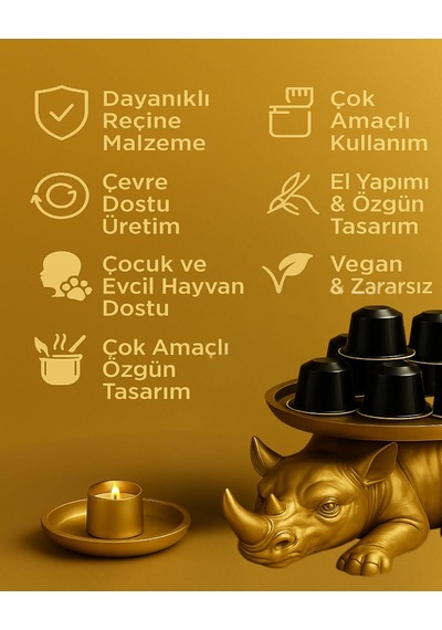 Dekoratif Tasarım Gold Gergedan Sunum Not Pratik Gereç Vegan Üretim 14 X 14 Cm