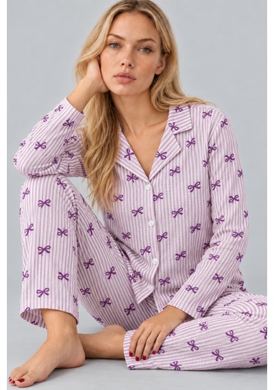 Kadın Gömlek Yaka Desenli İkili Mor Pijama Takımı 4810