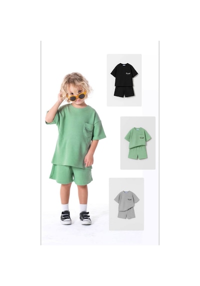 Miniko Kids Laciel Paris Baskılı Gofre Cep Detaylı Şortlu Pamuk Takım Yeşil