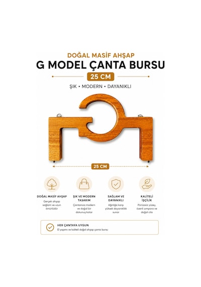 Vollen Yarn Doğal Masif Ahşap G Model Çanta Bursu 25 Cm El Yapımı Çanta Çerçevesi Çanta Aparatı Çanta Aksesuarı Bej