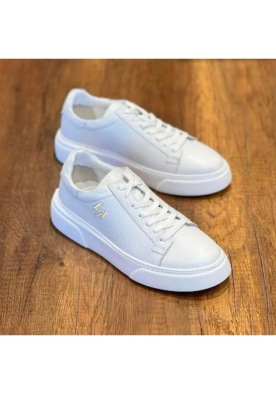 Twingold Kalın Ortopedik Tabanlı %100 Deri Sneaker Spor Ayakkabı - Beyaz Beyaz