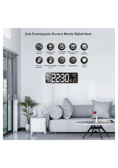 Büyük Ekranlı 16" Led Saat Dijital Duvar Saati Alarm Özellikli Dekoratif Tasarım Siyah