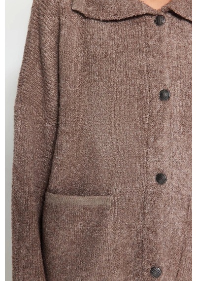 Ersefa Kadın Modern Tarz Oversize Polo Yaka Regular Triko Hırka VIZON