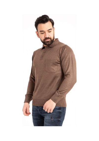 Nacar Store Erkek Kahverengi Ince Yün Triko Örgü Polo Yaka Baba Kazak
