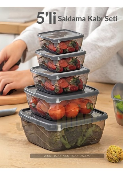 Jet's Home 5 Li Set Kare Saklama Kabı Seti Bpa Free Erzak Kabı Bakliyat Saklama Kapları Buzdolabı Kabı Şeffaf Antrasit