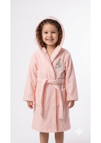 Softify Premium 350 Gsm %100 Pamuk Kapüşonlu Çocuk Bornozu Hızlı Emici Güvenli Kemerli - Happy Bunny Açık Pembe - Pembe
