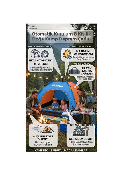 Kamptek Outdoor 8 Kişilik Otomatik Kurulum Kamp Doğa Deprem Acil Durum Çadırı 250x250x165 Cm Çok Renkli