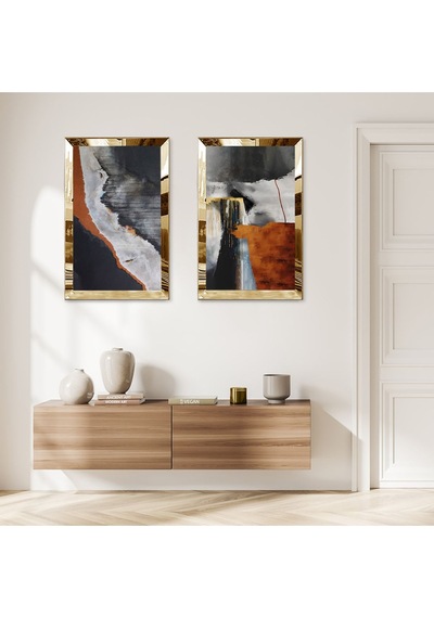 Gold Aynalı Pleksi Çerçeveli Gri Soyut Boya Dalgaları Modern İkili Mdf Tablo Seti