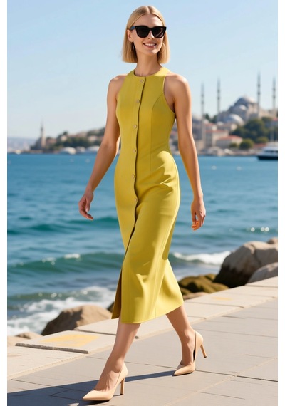 Benerly Kadın Kolsuz Halter Yaka A-line Midi Dokuma Elbise Düğmeli Kapama Yeşil