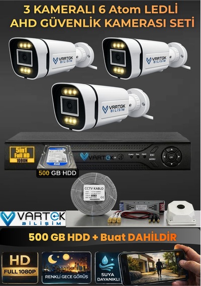 3 Kameralı 6 Atom Led Gece Renkli Görüşlü Güvenlik Kamerası Seti + 500 Gb Hdd