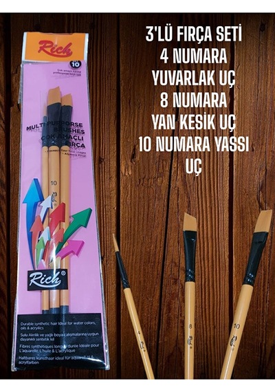 3'lü Fırça Seti Sentetik Kıl 4-8-10 Numaralar