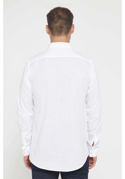 Tudors Erkek Slim Fit Dar Kesim Uzun Kollu %100 Pamuk Keten Doku Apoletli Beyaz Gömlek-26931 Beyaz