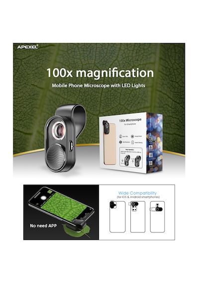 Apexel 100x Led Cep Telefonu Mikroskop Lensi Tanımlandığı Gibi