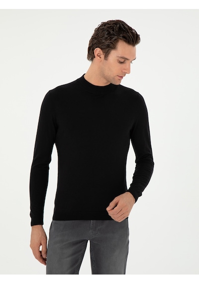 Cacharel Siyah Slim Fit Kaşmir İpek Karışımlı Çeyrek Balıkçı Yaka Triko Kazak