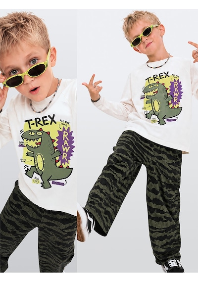 Erkek Çocuk Takım Dinozor Baskılı %100 Pamuk T-shirt ve Pantolon (3-8 Yaş)
