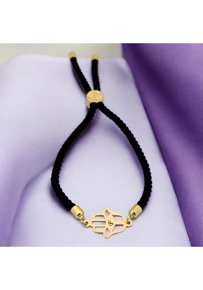 F Harfine Özel Siyah İpek Örgülü Hamsa Motifli 14 Ayar Altın Plakalı Hediye Bileklik-509harf F