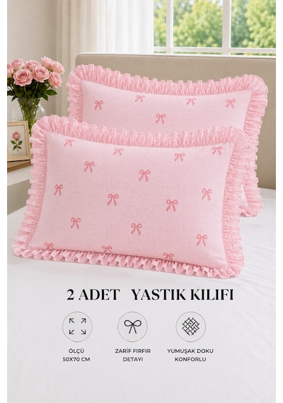 2 Li Pamuklu Fırfırlı Yastık Kılıfı 50x70 Pembe