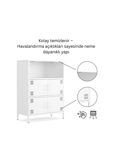 Pera Metal Çok Gözlü Dolap, 4 Kapaklı, Açık Raflı 80,50 X 40 X 109,50 Cm Ral 9016 Beyaz
