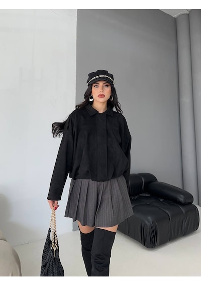 Süet Apoletli Bomber Ceket Siyah