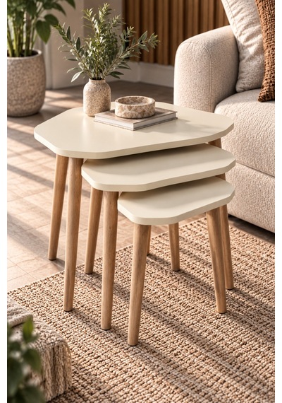 Sulorahome Ekru 3'lü Geometrik Zigon Sehpa Seti