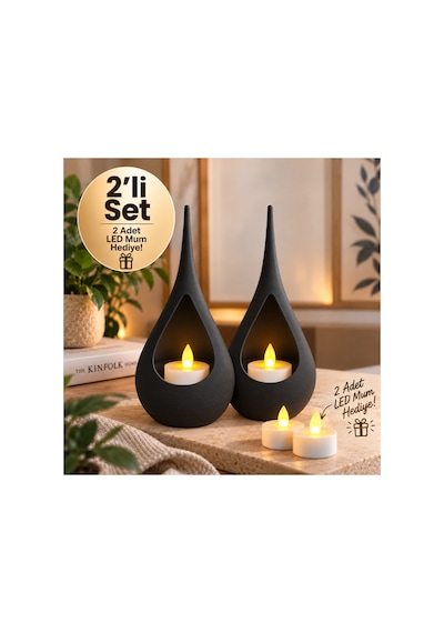 2 Li Dekoratif Mumluk Seti Modern Teardrop Tasarım, 2 Adet Led Mum Hediyeli, Şık Ev Dekorasyonu - Siyah Açık