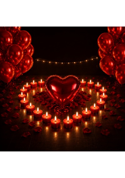 Tutku Seti Kırmızı Balonlar Kırmızı Folyo Kalp Tealight Kırmızı Kalp Mum Yetişkin Süsleme