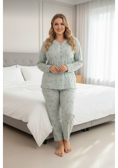 Eyfuze Kadın Büyük Beden Desenli Yakası Düğmeli Uzun Kollu Bambu Pijama Takımı Yeşil-1