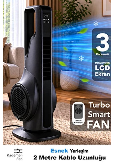 70w Turbo Akıllı Kule Fan Vantilatör 3 Kademeli Uzaktan Kumandalı Hava Temizleme Özellikli